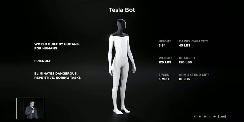 Tesla bot concept with inset of Elon Musk with microphone