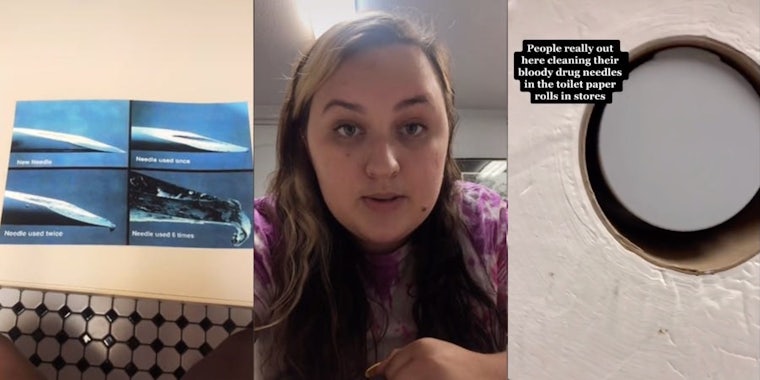 examples of what used needles look like, harm reduction advocate, misleading tiktok showing a toilet paper roll