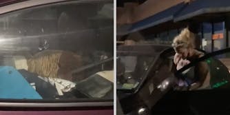 A messy car (L) and a woman getting into the car (R).