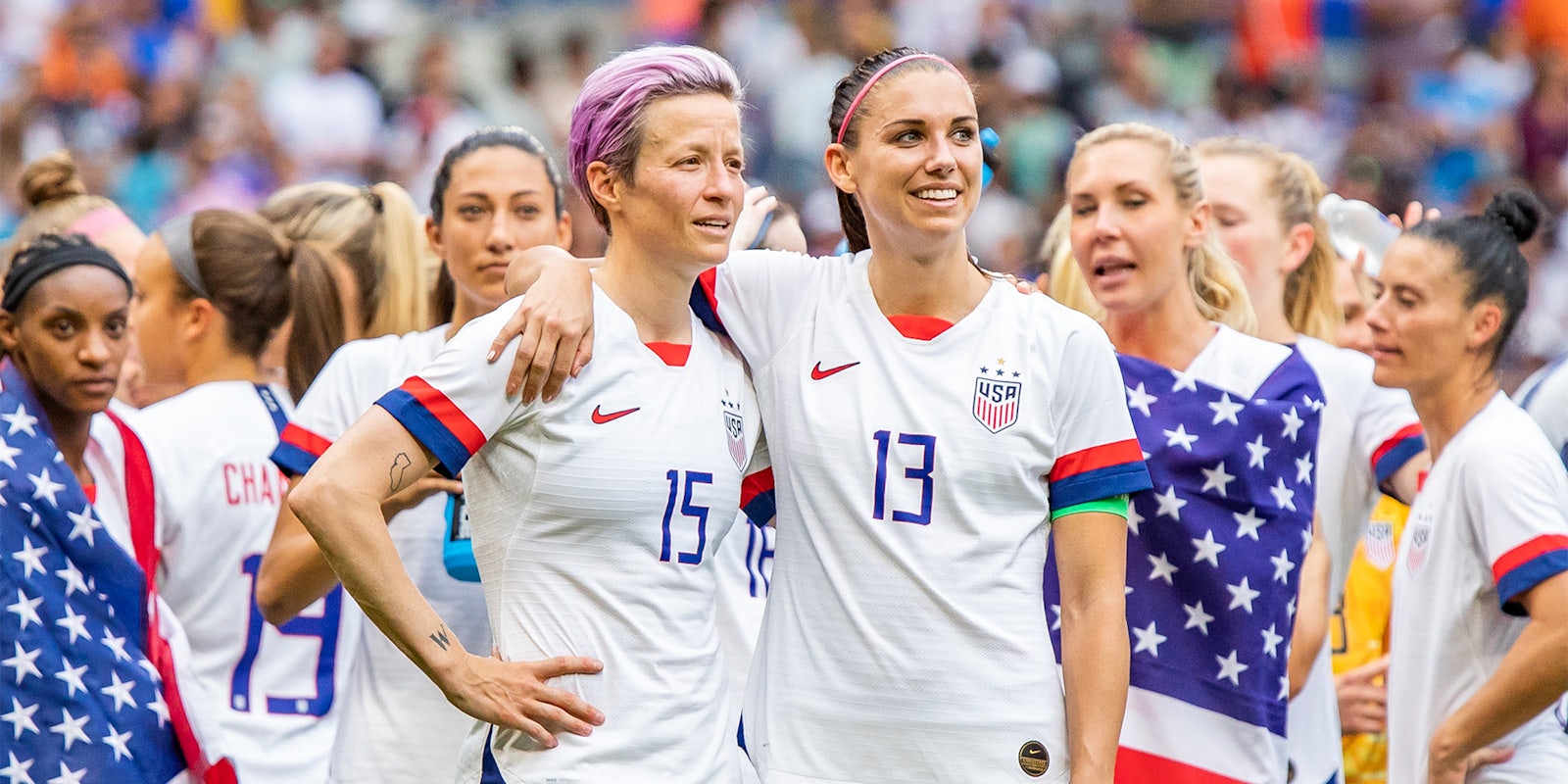 Megan Rapinoe and Alex Morgan of the USWNT are seen after the 2019 FIFA Women's World Cup Final match between USA and Netherlands.