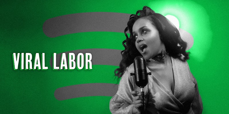 Black woman with vintage condenser mic over Spotify background with caption 'Viral Labor'