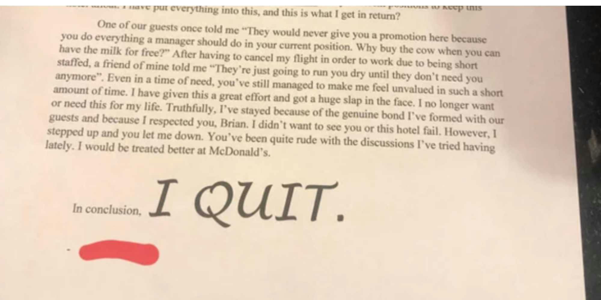 viral quitting letter with all-caps "I QUIT"