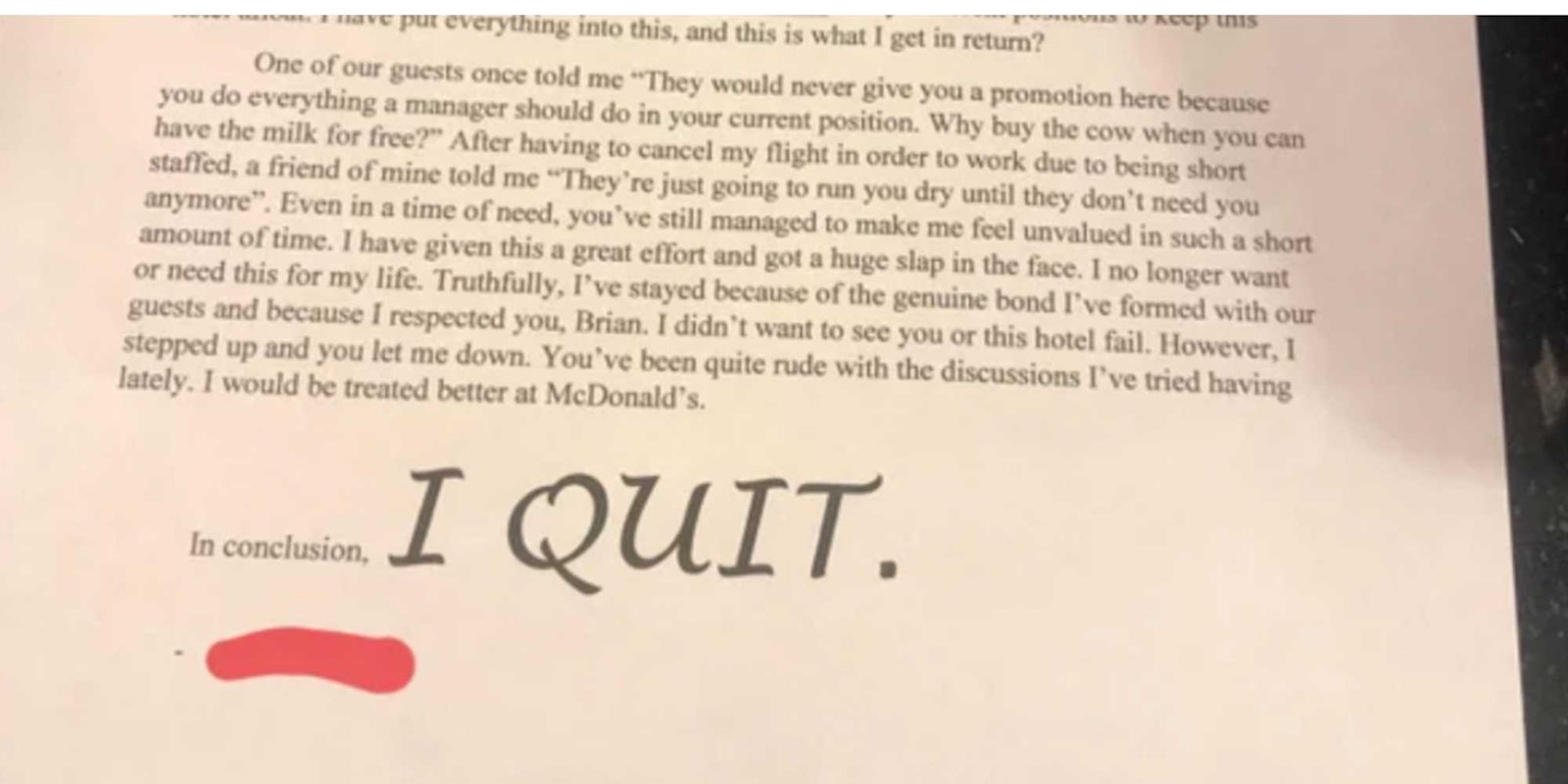 viral quitting letter with all-caps 'I QUIT'