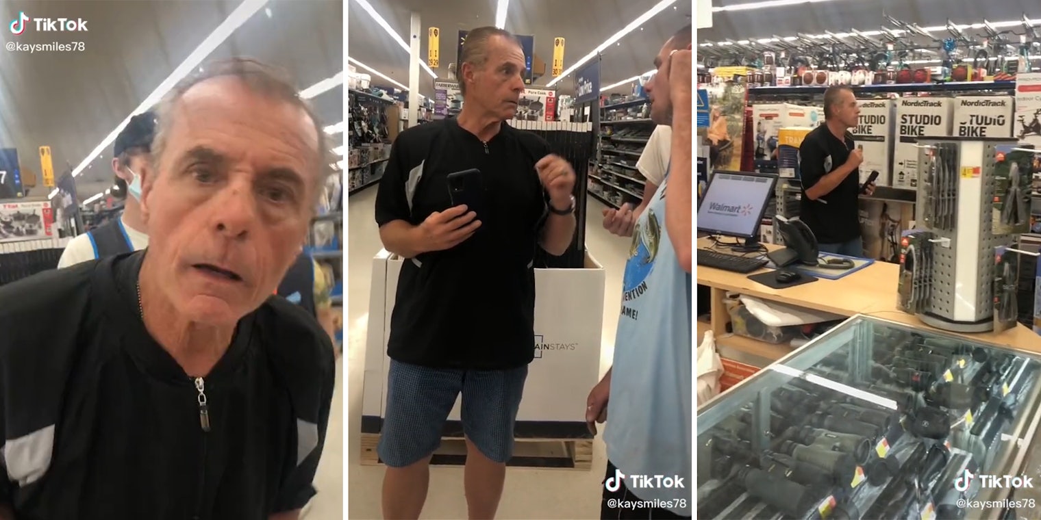 man stares into camera (l) two men in confrontation (c) man backing away down store aisle (r)