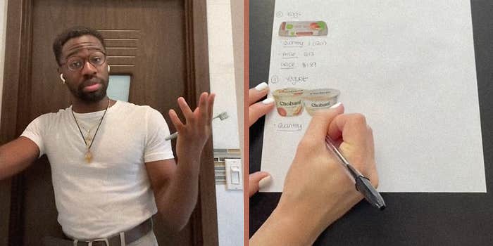 కెమెరా (L) మరియు కిరాణా జాబితా (R) లోకి మాట్లాడుతున్న వ్యక్తి.