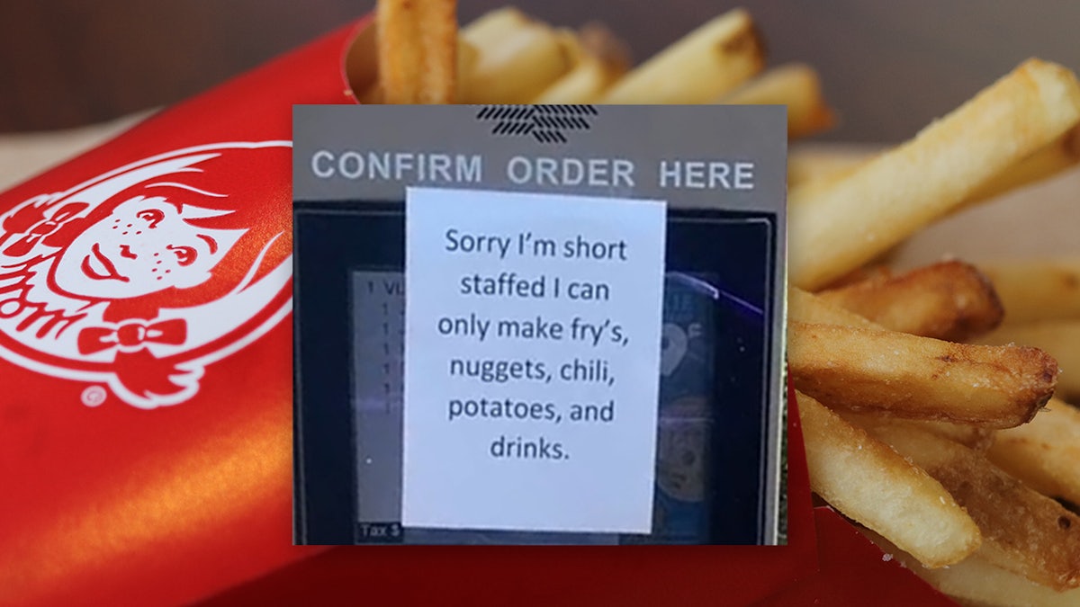 Wendy's fries with inset of drive-thru window covered by sign that reads 'Sorry I'm short staffed I can only make fry's, nuggets, chili, potatoes, and drinks.'