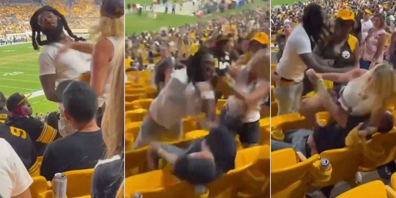 woman slapping man in face, man fighting with couple, man separated from couple