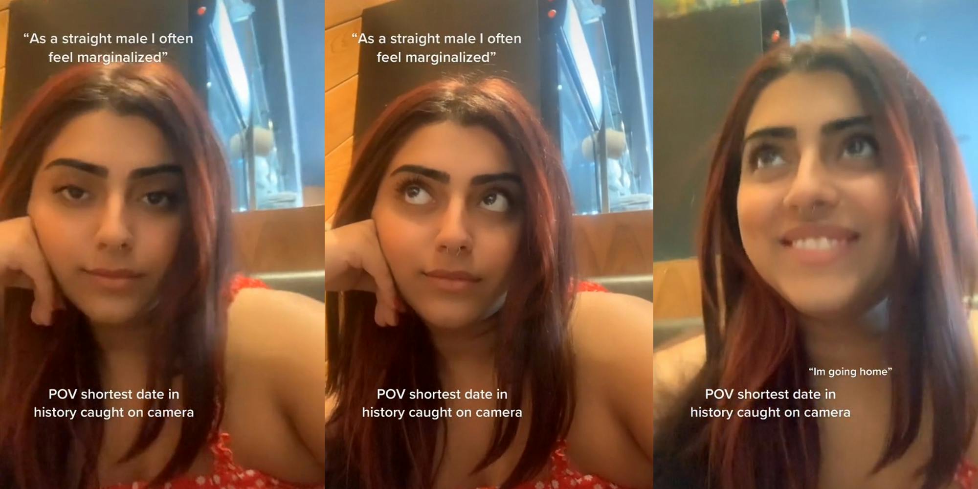 woman looking into camera with captions "As a straight male I often feel marginalized" and "POV shortest date in history caught on camera" (l) same woman with same captions looking off-screen (c) woman smiling with caption "I'm going home" (r)