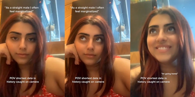 woman looking into camera with captions 'As a straight male I often feel marginalized' and 'POV shortest date in history caught on camera' (l) same woman with same captions looking off-screen (c) woman smiling with caption 'I'm going home' (r)