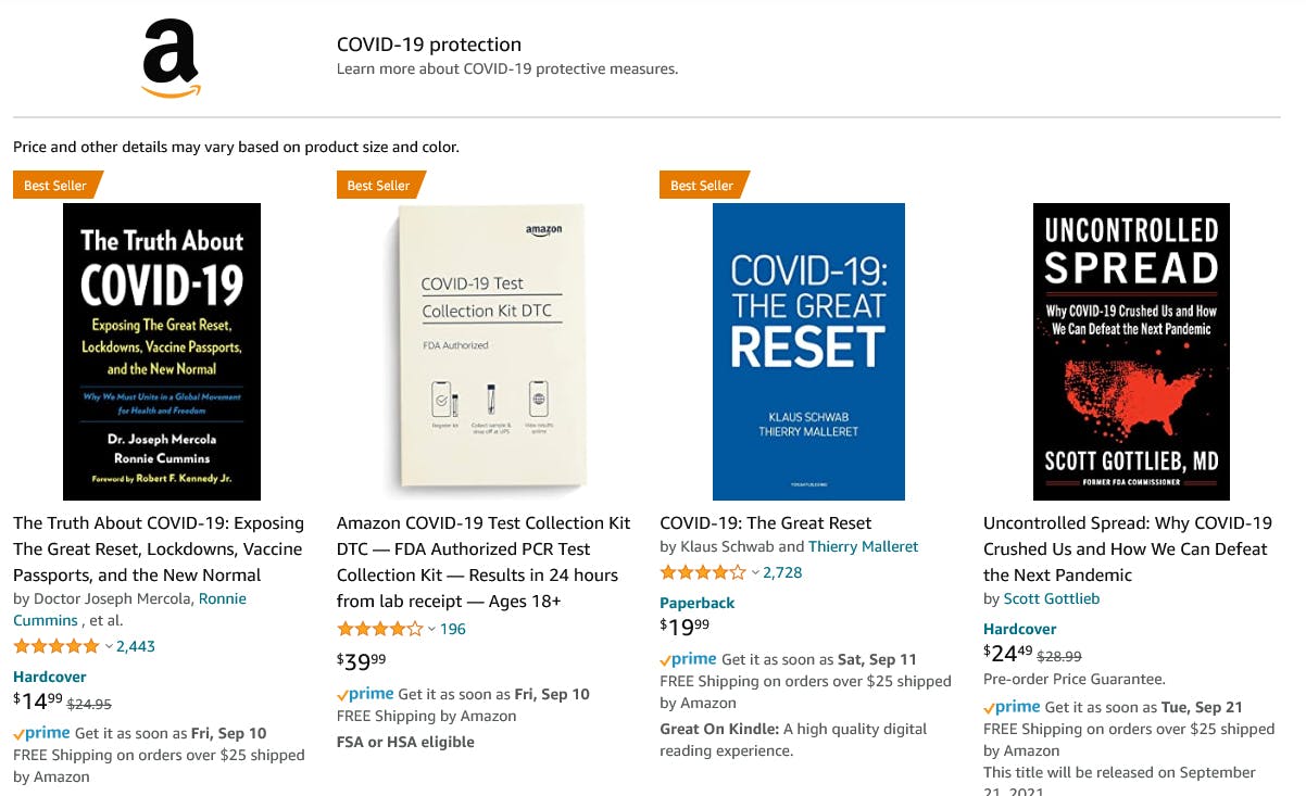 A search on Amazon for results related to COVID-19. They include books that Sen. Elizabeth Warren says include misinformation.