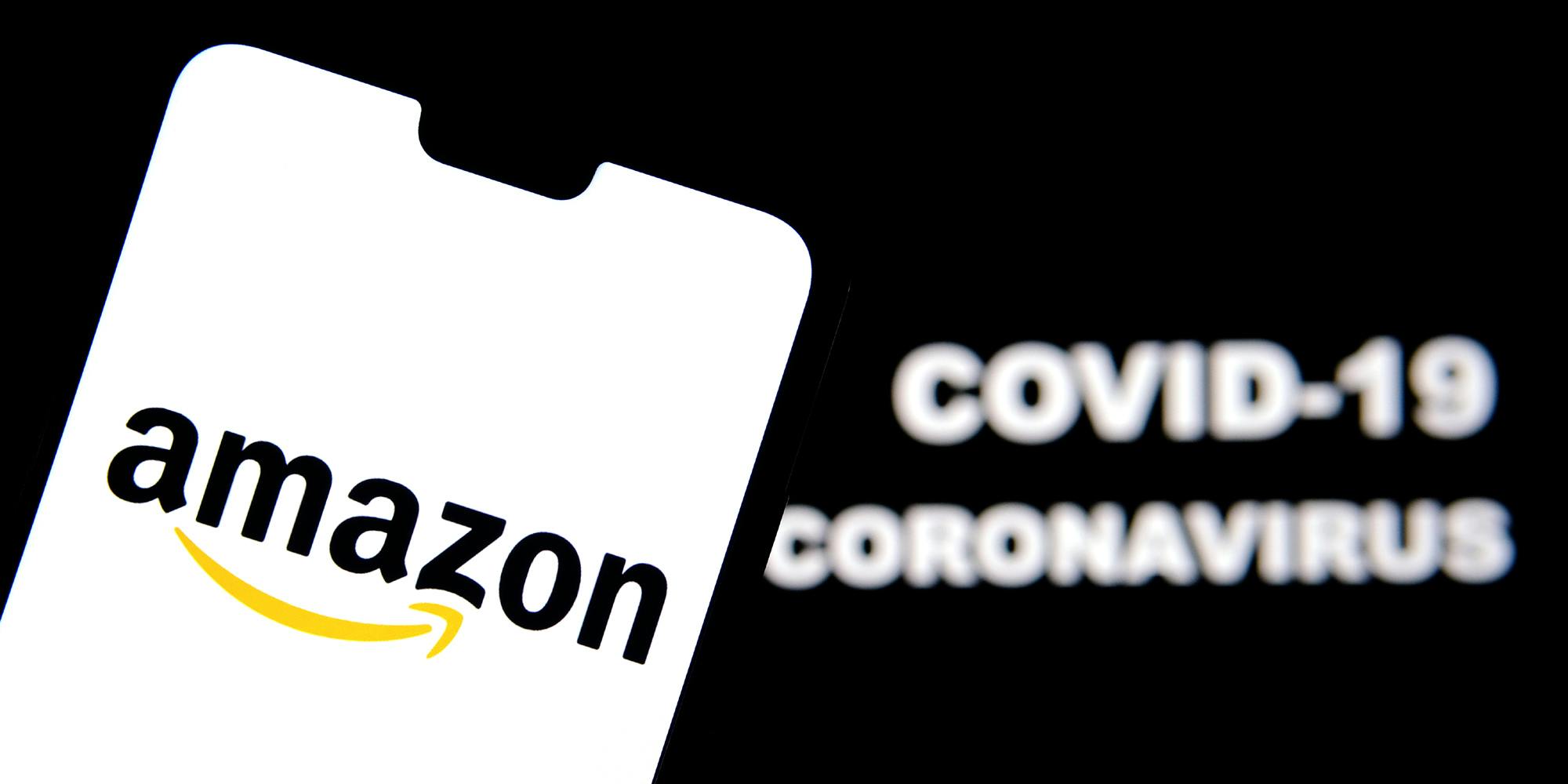 Amazon logo on a smartphone and Coronavirus COVID-19 words on blurred background.