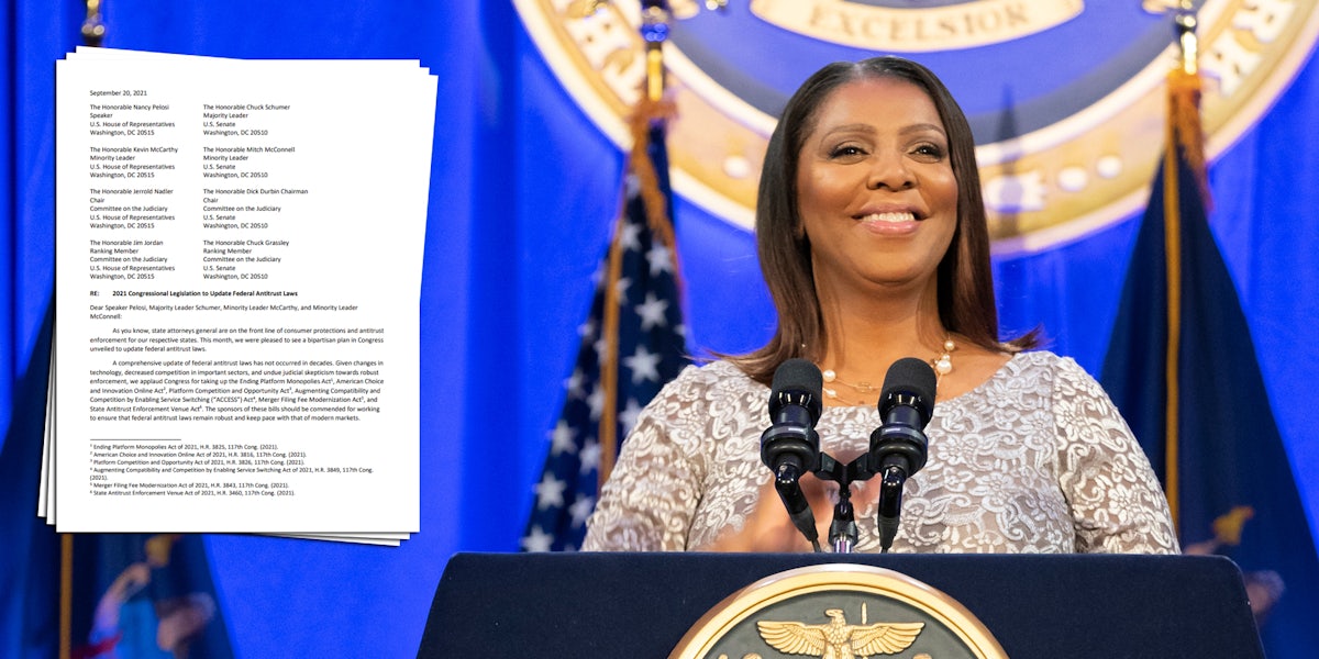 New York State Attorney General Letitia James next to a letter signed by 32 other attorneys general supporting the House antitrust bills.