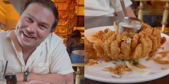 Two panel image. On the left is a man sitting at a table wearing a white shirt and smiling at the camera. On the right is a plate with a bloomin' onion with a ring sitting on one of the onion petals.