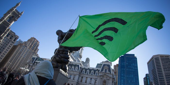 Protestors advocating for net neutrality rally on the streets of Philadelphia, Saturday, January 13, 2018.