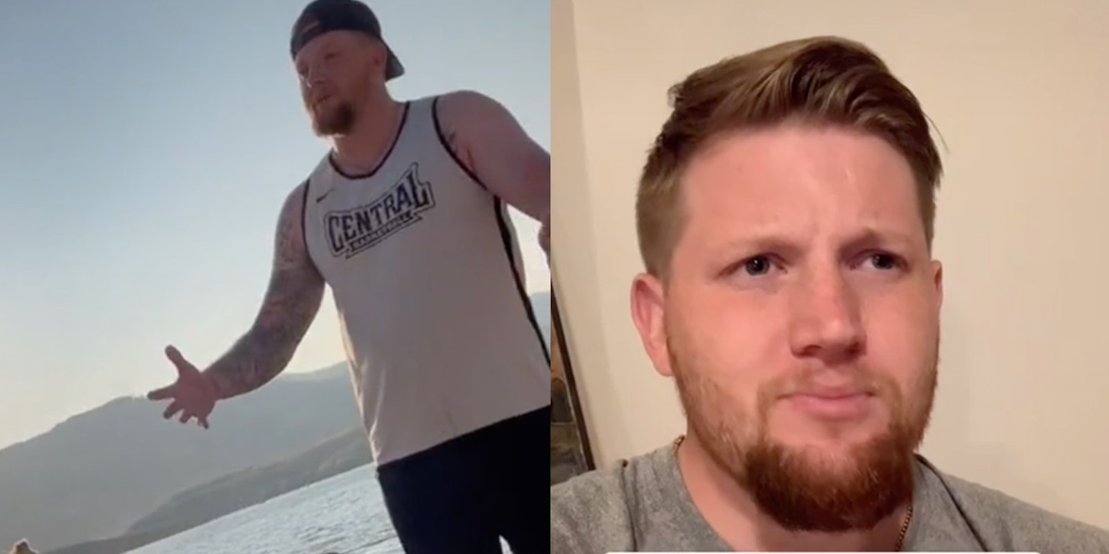 (L-R) Logan Dorn shaming two women for their beachwear; Dorn defending himself in a video