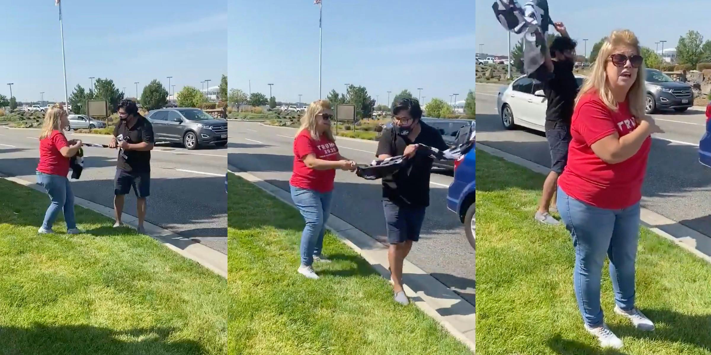 A woman tried to snatch a BLM flag from a man