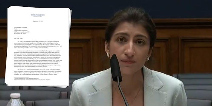 FTC Chair Lina Khan next to a letter from Democrats urging the agency to start rulemaking to protect consumer data privacy.