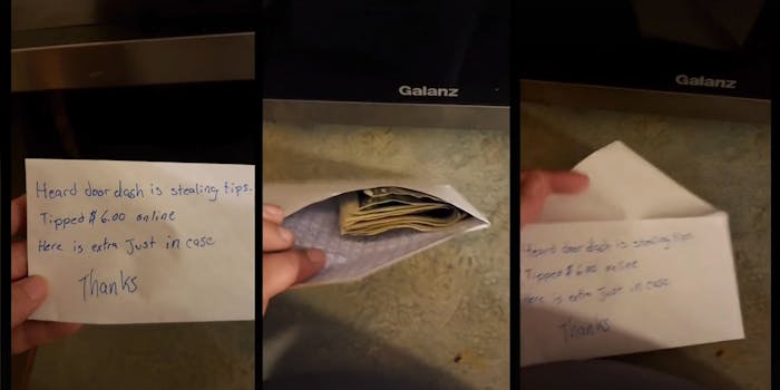 Screenshots from a TikTok where the user leaves a note that reads: 'Heard Doordash is stealing tips. Tipped $6.00 online. Here is extra just in case. Thanks'