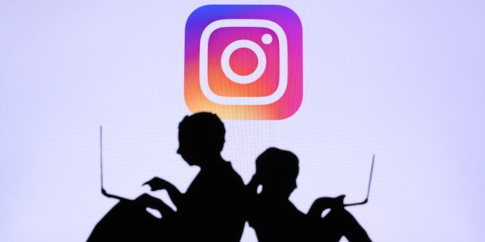 A silhouette of two children on laptops with the Instagram logo behind them.