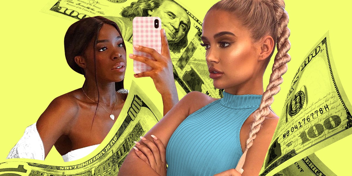 young women with phone and money in background