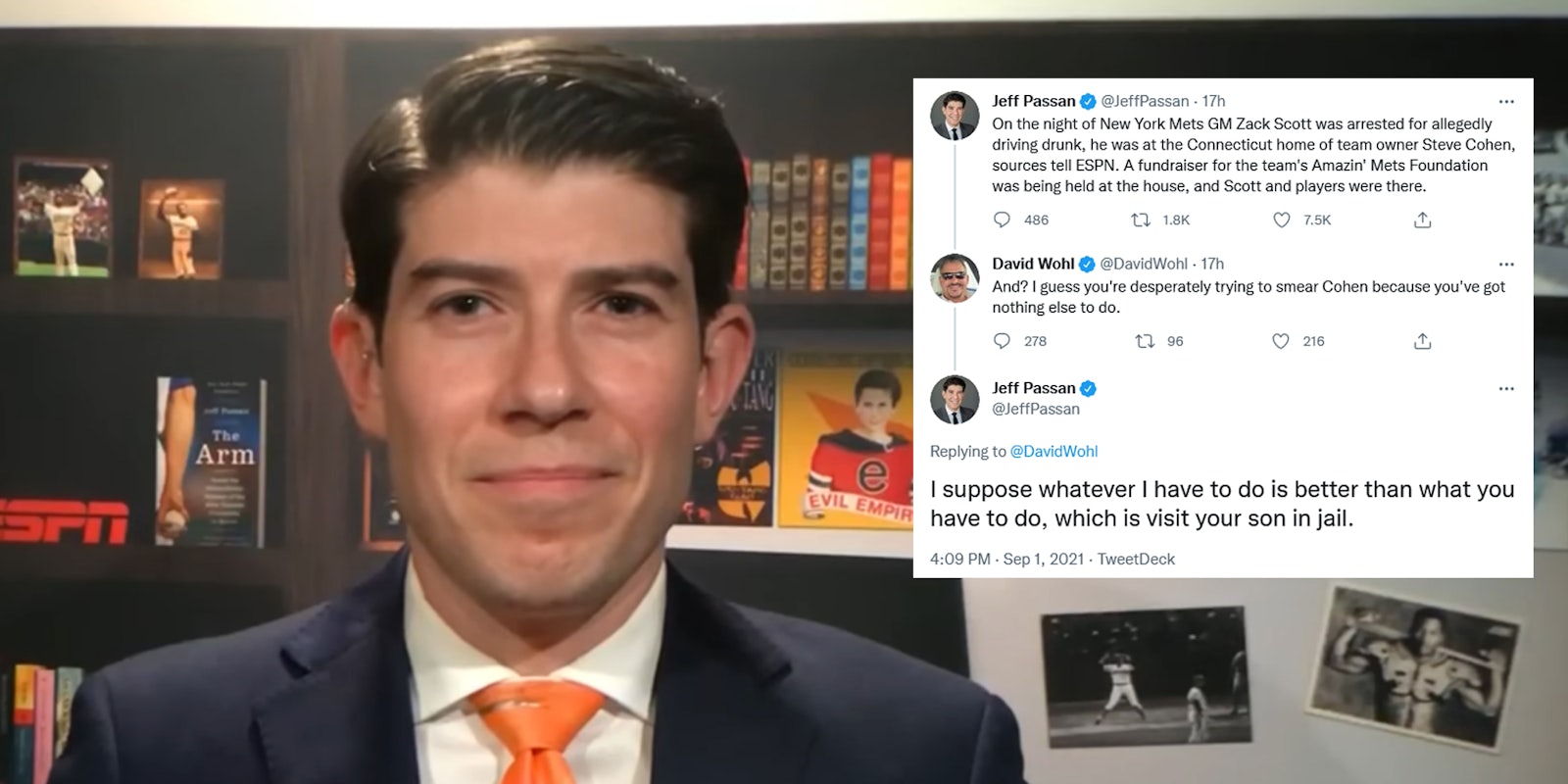 ESPN reporter Jeff Passan next to a screenshot of his Twitter exchange with David Wohl.