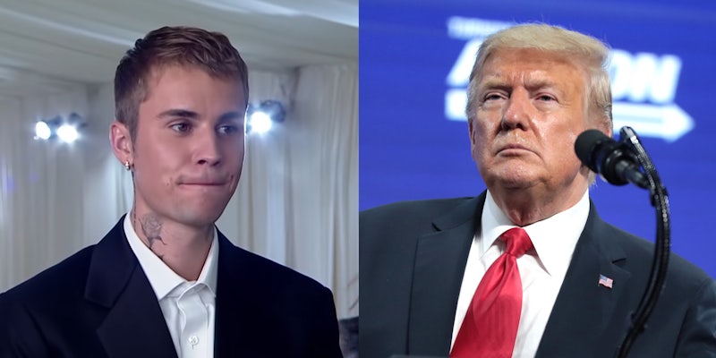 A side by side of Justin Bieber and Donald Trump.