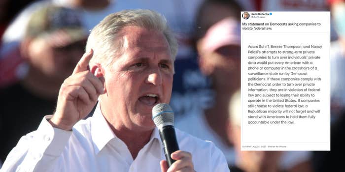 Rep. Kevin McCarthy next to a tweet where he threatens companies if they comply with the Capitol riot committee's requests to hand over records.