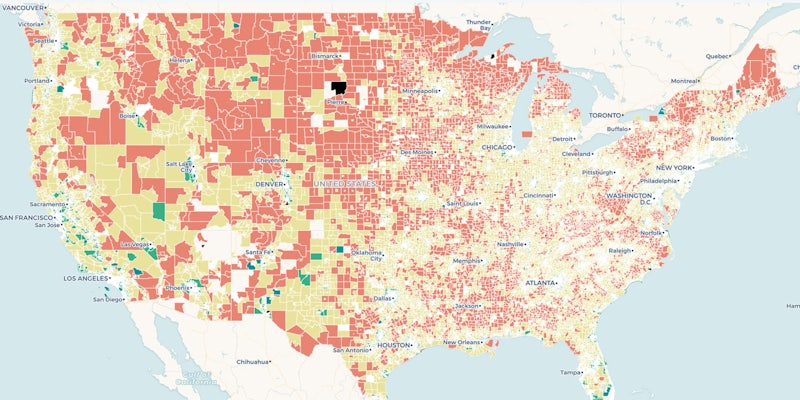 A map from LightBox showing broadband internet connectivity and the digital divide in the United States.