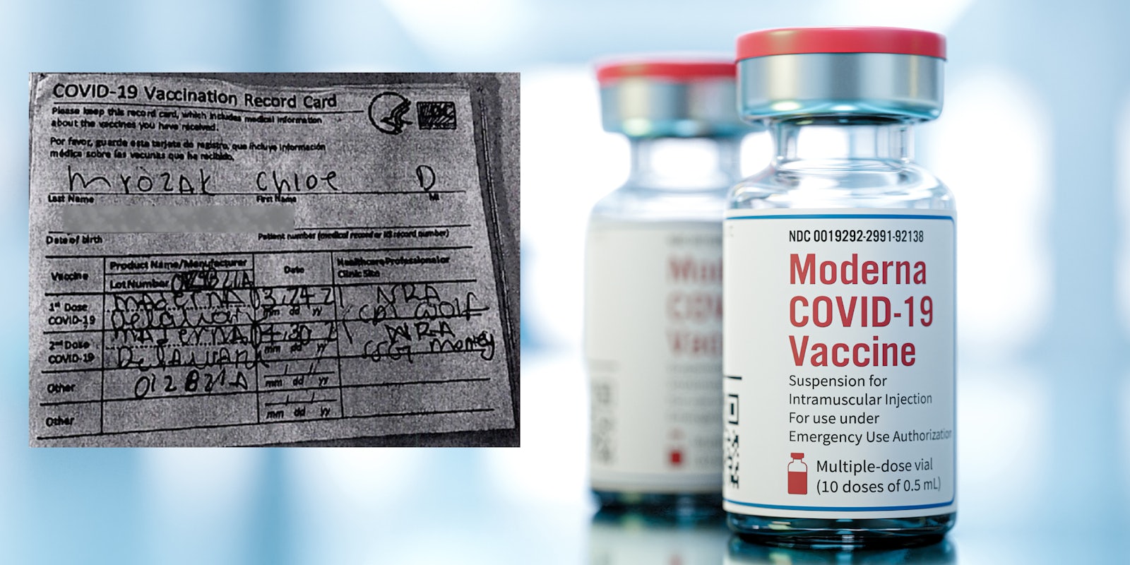 A picture of the Moderna vaccine next to a fake vaccination card that says 'Maderna' on it.