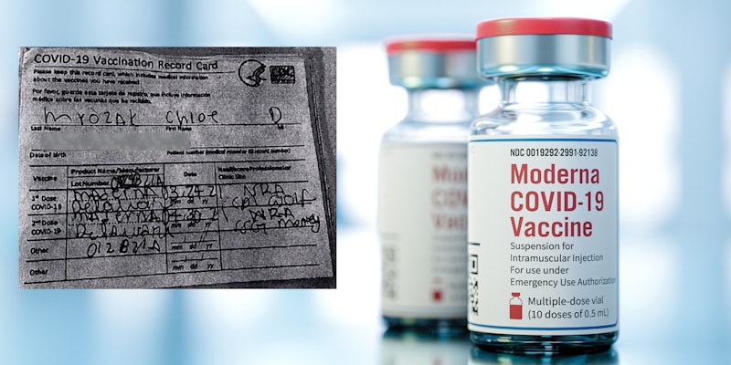 A picture of the Moderna vaccine next to a fake vaccination card that says 'Maderna' on it.