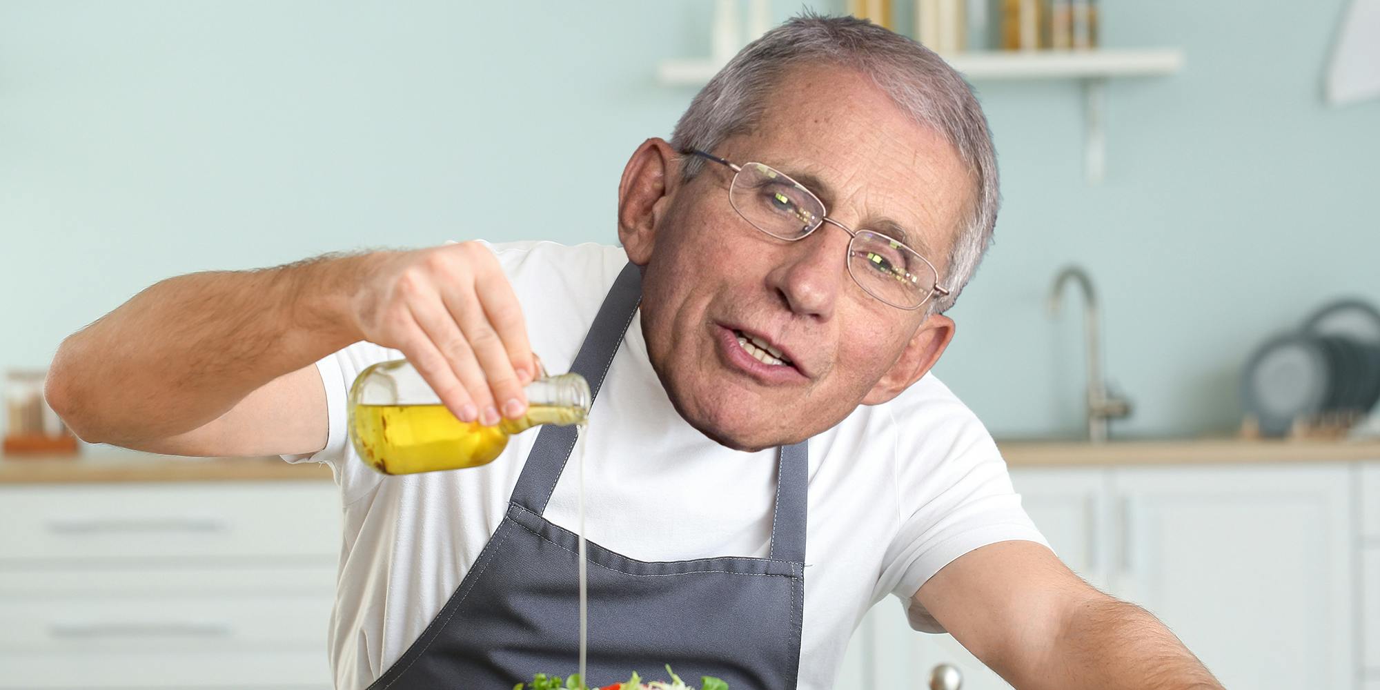 A doctored image of Anthony Fauci pouring salad dressing.