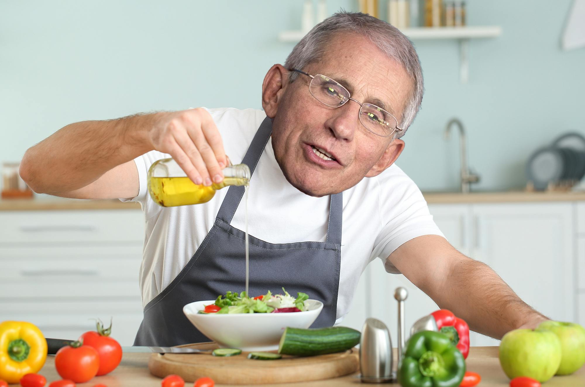 A doctored image of Anthony Fauci pouring salad dressing.