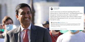 Rep. Ro Khanna (D-Calif.) smiling. Next to him is his tweet using the results of the Congressional baseball game to mock Republicans false election fraud claims.