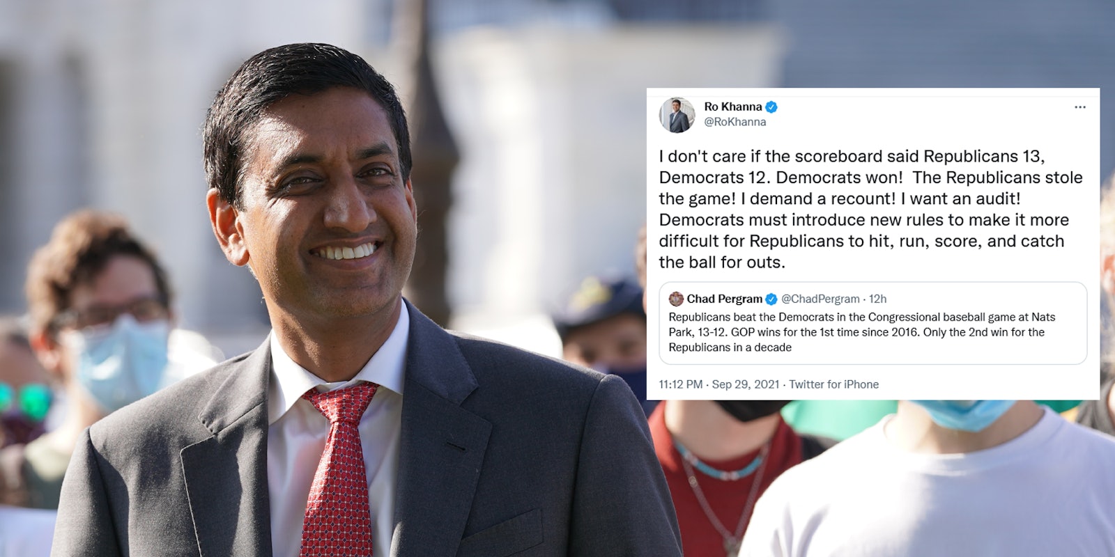 Rep. Ro Khanna (D-Calif.) smiling. Next to him is his tweet using the results of the Congressional baseball game to mock Republicans false election fraud claims.