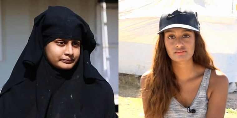 Shamima Begum in hijab (l) and in western clothing (r)