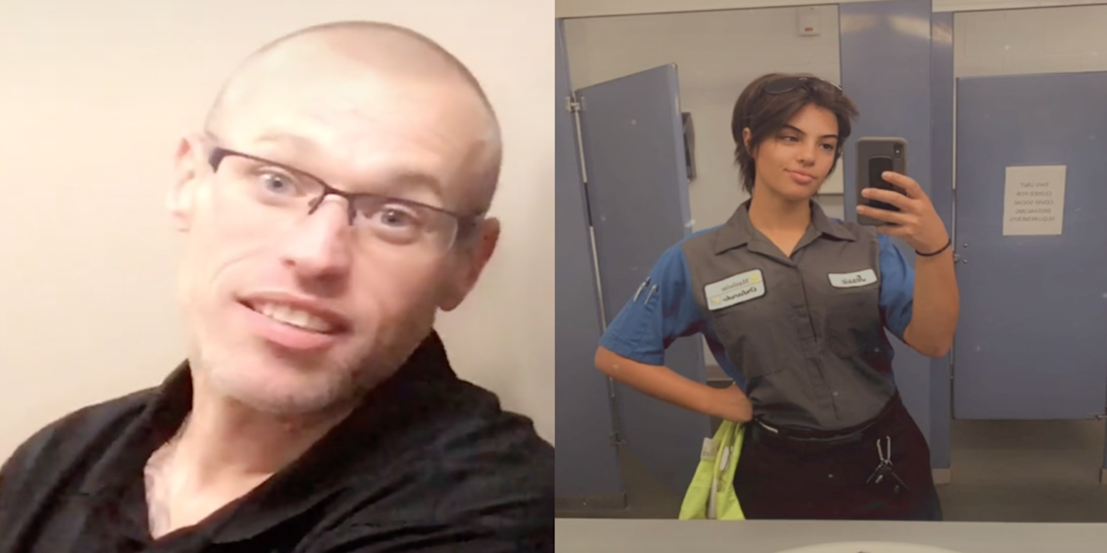 Two panel picture. On the left is a male mechanic with no hair and glasses. On the right is a female mechanic taking a picture in the mirror.