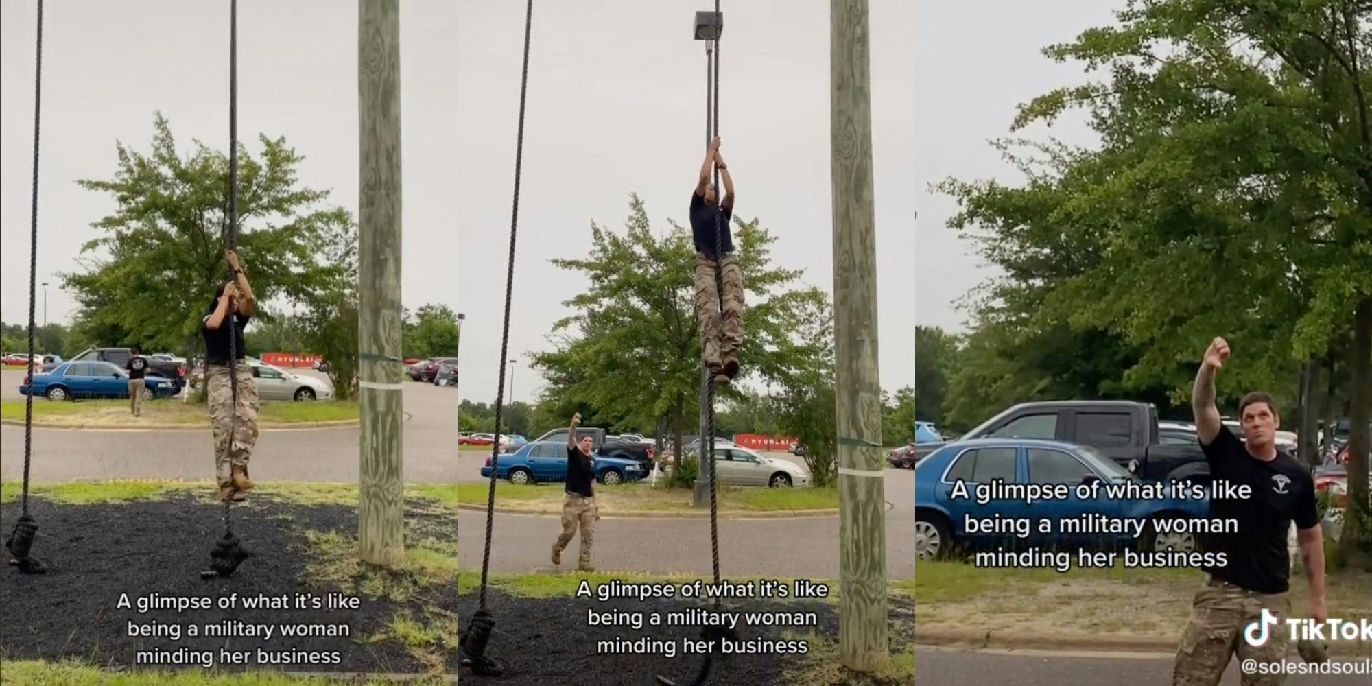 female soldier training as male soldier gives her a thumbs down