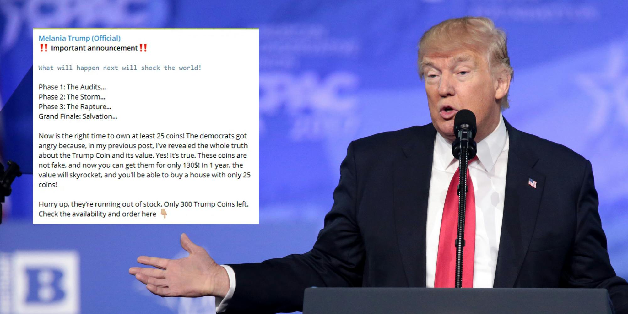 Former President Donald Trump next to a screenshot of a Telegram user hawking coins in the wake of the Arizona audit.