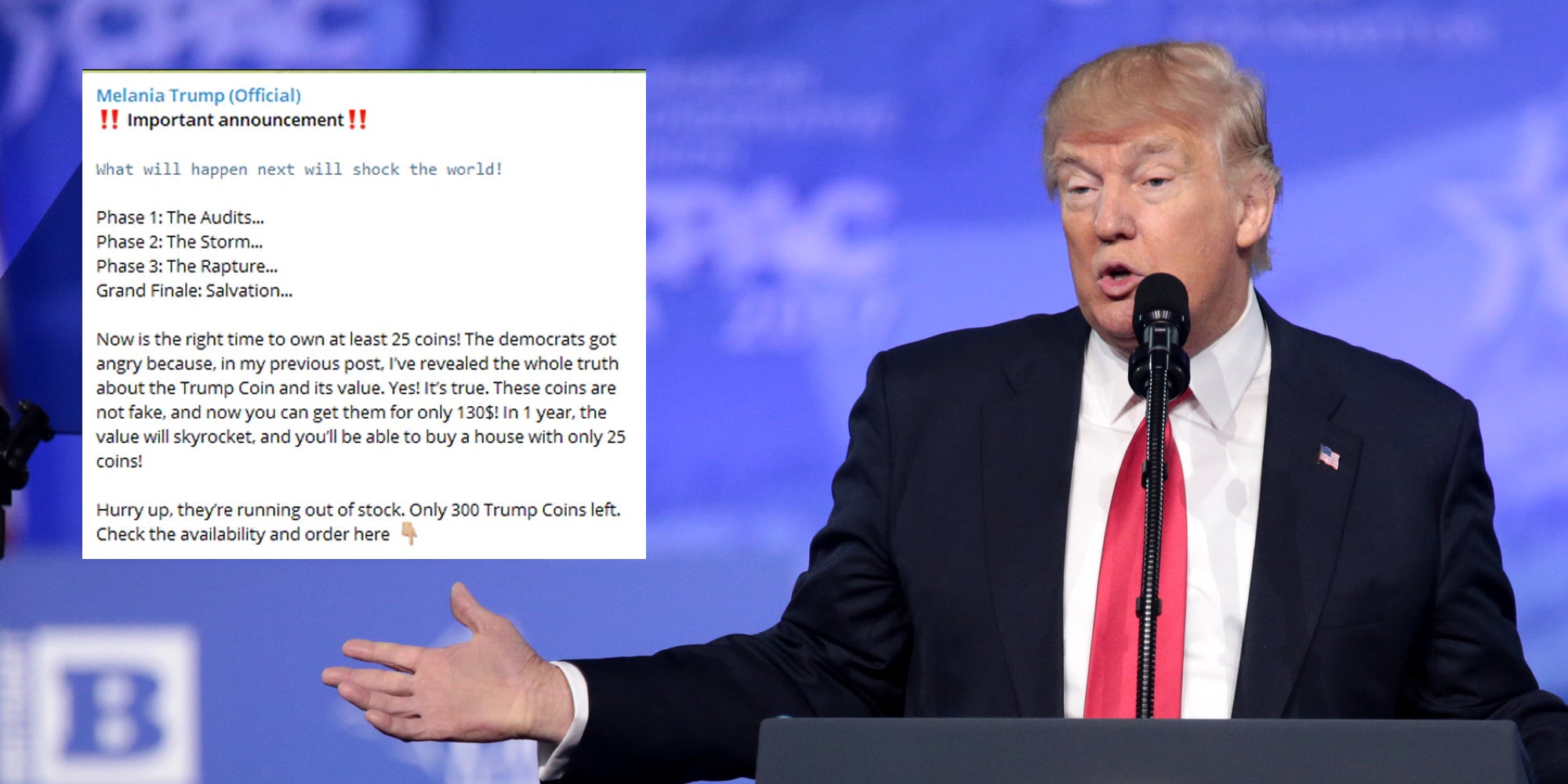 Former President Donald Trump next to a screenshot of a Telegram user hawking coins in the wake of the Arizona audit.