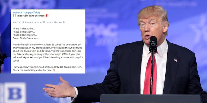 Former President Donald Trump next to a screenshot of a Telegram user hawking coins in the wake of the Arizona audit.