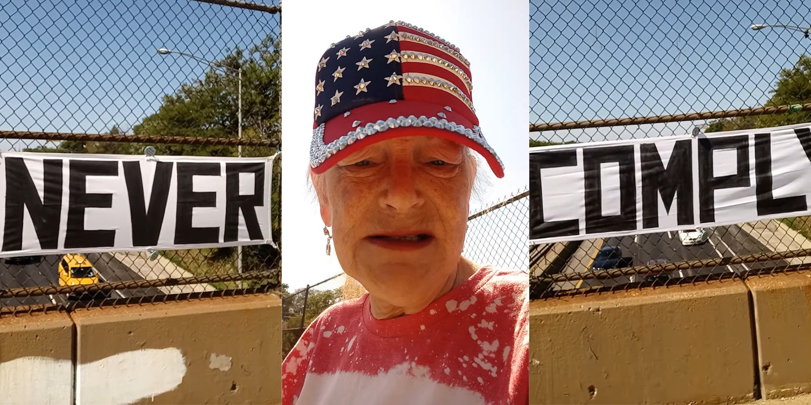 veronica wolski with american flag bedazzled hat (inset) NEVER COMPLY banner on interstate bridge