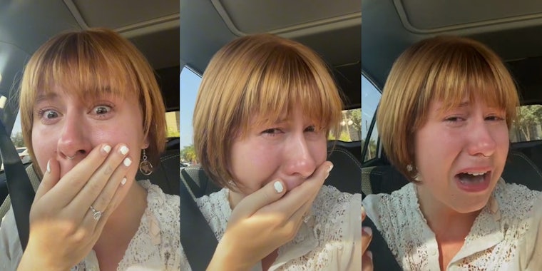 Young woman reacts in horror to her new haircut