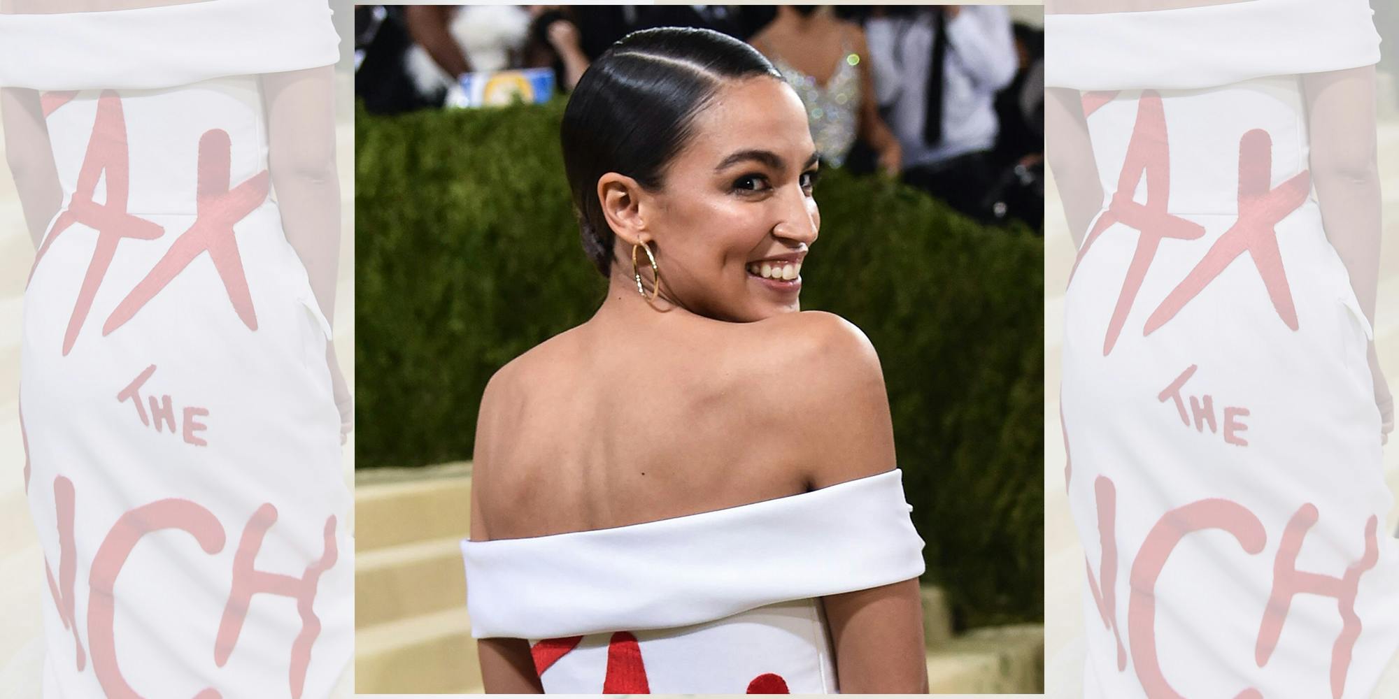 Alexandria Ocasio-Cortez wearing "Tax the rich" dress at Met gala