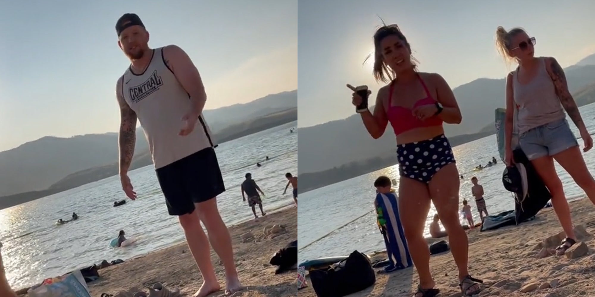 man at beach (l) women at beach (r)