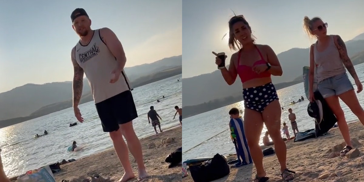 man at beach (l) women at beach (r)