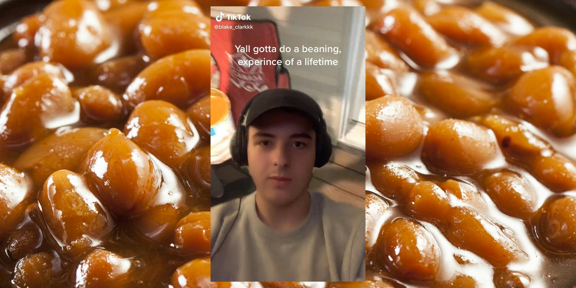 young man wearing hat and headphones with caption "Yall gotta do a beaning, experince of a lifetime" (inset) baked beans