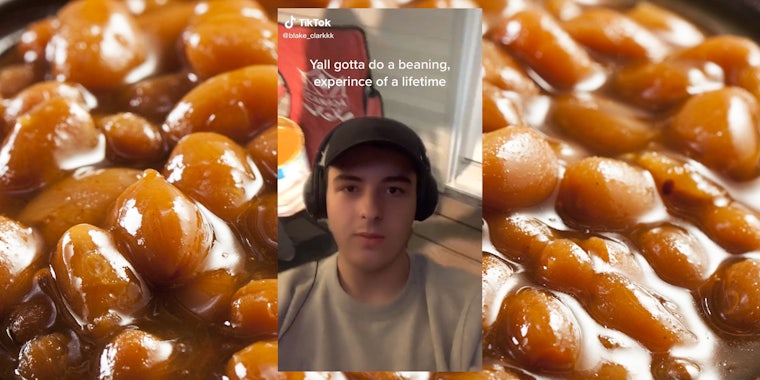 young man wearing hat and headphones with caption 'Yall gotta do a beaning, experince of a lifetime' (inset) baked beans