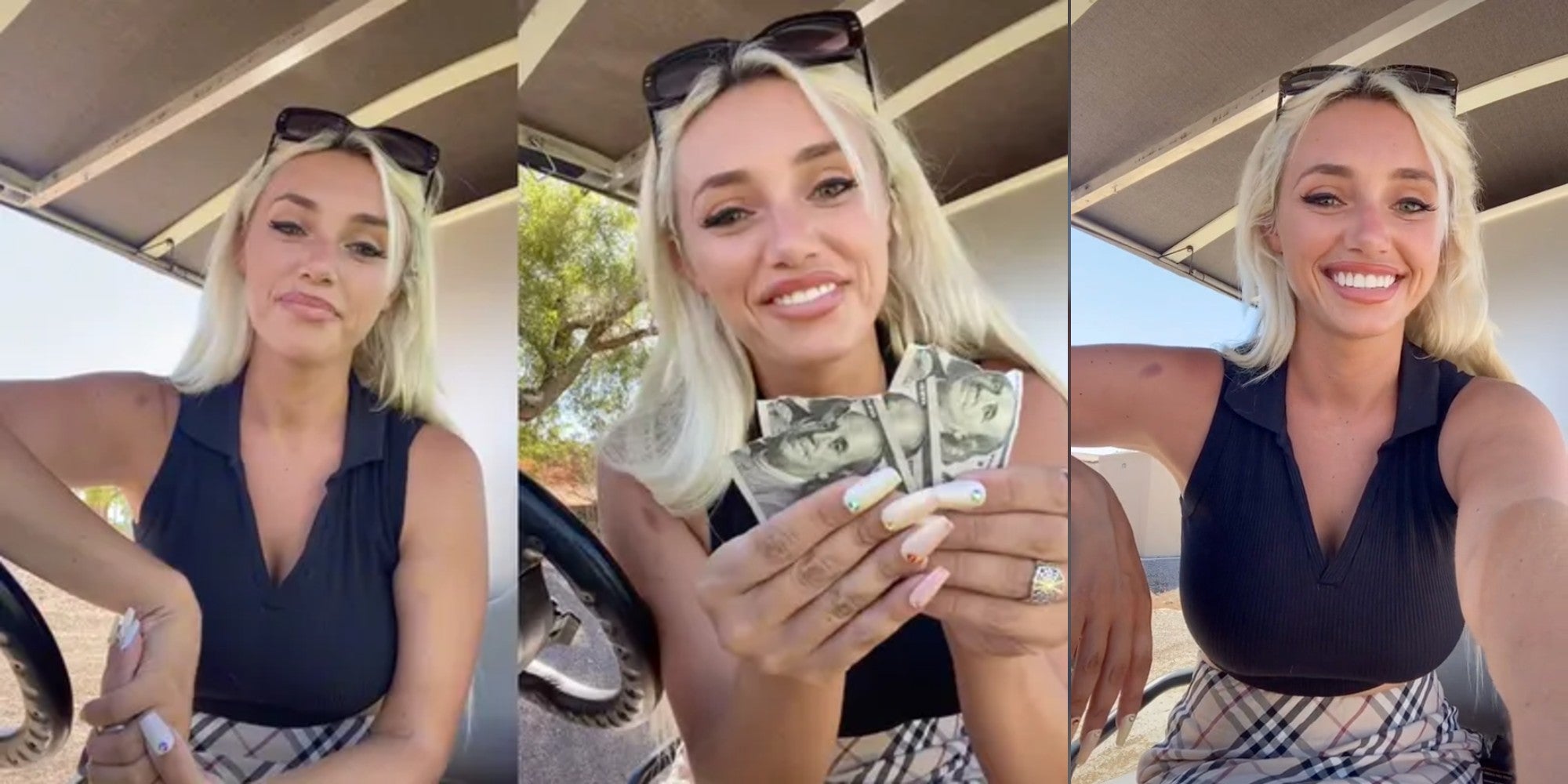 cass holland holding up 3 ripped up $100 bills