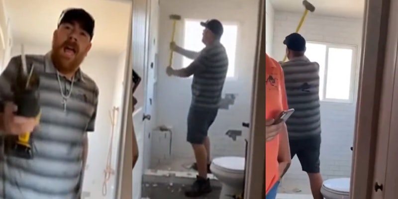 man demolishes bathroom