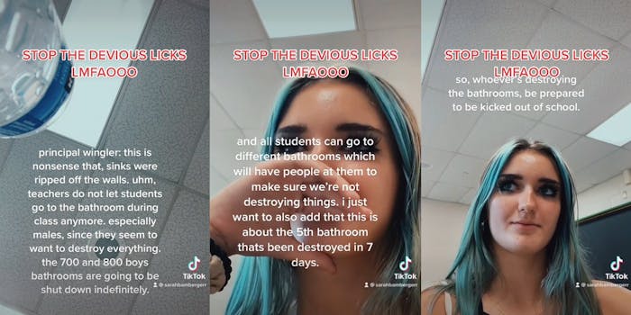 young woman with blue hair smirking at principle making announcements about destroyed high school bathrooms with caption "stop the devious licks lmfaooo"